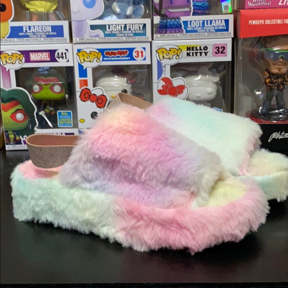 Fuzzy Rainbow sling back sandals